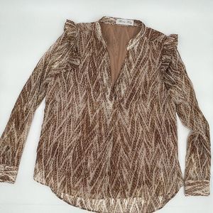 Anna Kay Reptile Print Long Sleeve Ruffled Shoulders Blouse Size Small